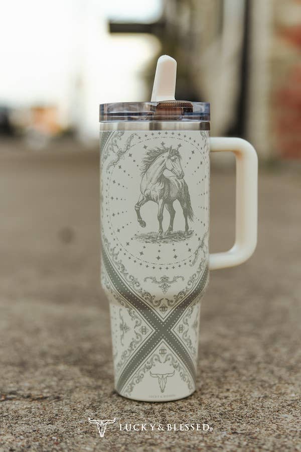 Gray Western Horse Squared printed Flip Straw 40oz Tumbler