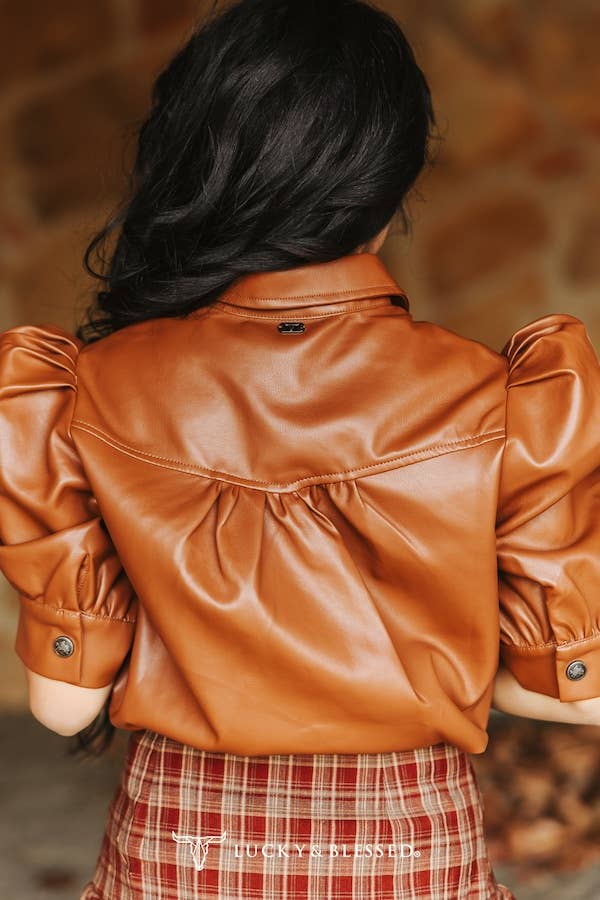 Camel Faux Leather Puff Half Sleeve Button Down Shirt