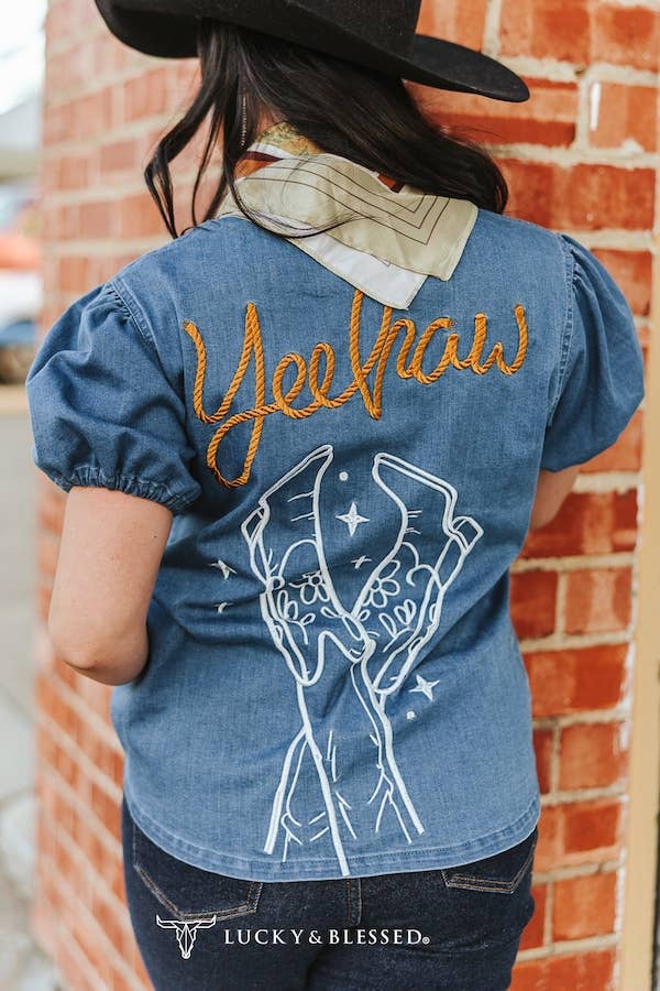 Mid Wash Puff Short Sleeve Western Embroidered Top
