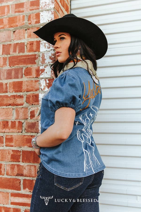 Mid Wash Puff Short Sleeve Western Embroidered Top