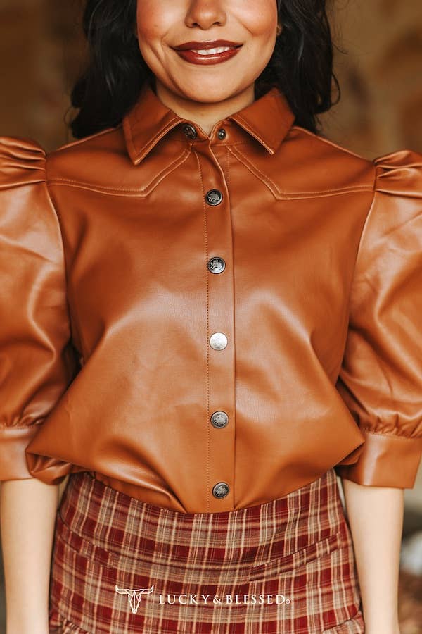 Camel Faux Leather Puff Half Sleeve Button Down Shirt