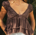 V-Neck Boho Lace Trim Puff Sleeves Babydoll Top