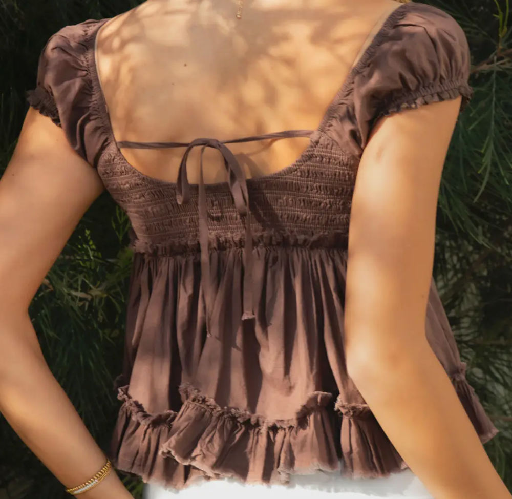 V-Neck Boho Lace Trim Puff Sleeves Babydoll Top