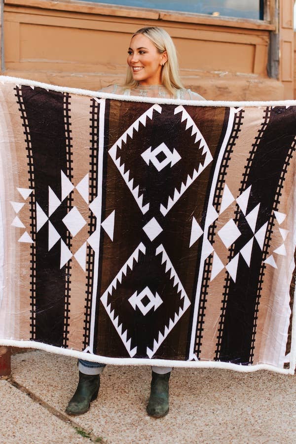 Brown Ivory Aztec Printed Ivory Sherpa Blanket
