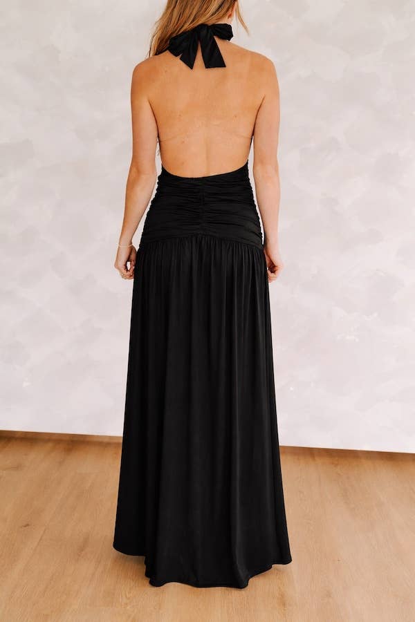 Black Halter Maxi Slit Hem Dress