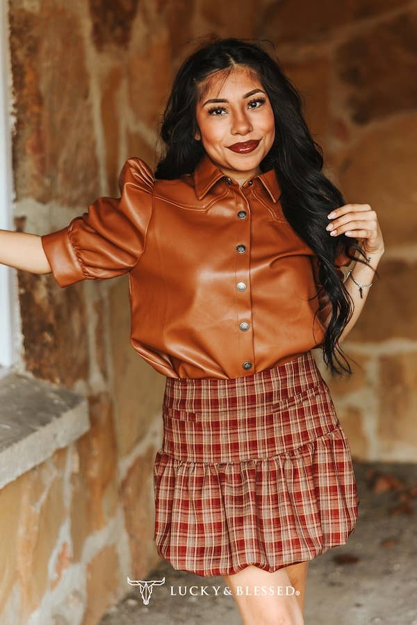 Camel Faux Leather Puff Half Sleeve Button Down Shirt