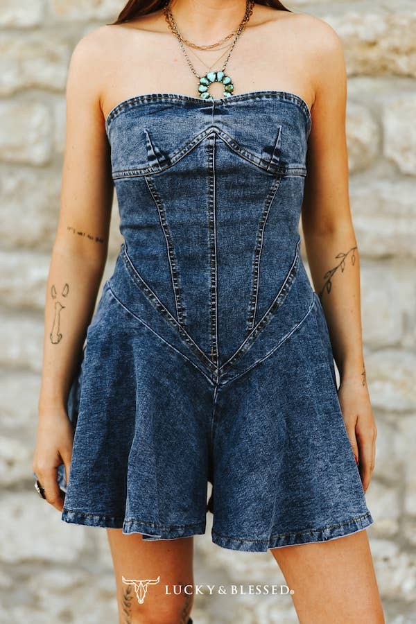 Dark Wash Fluttered Ruffle Strapless Romper
