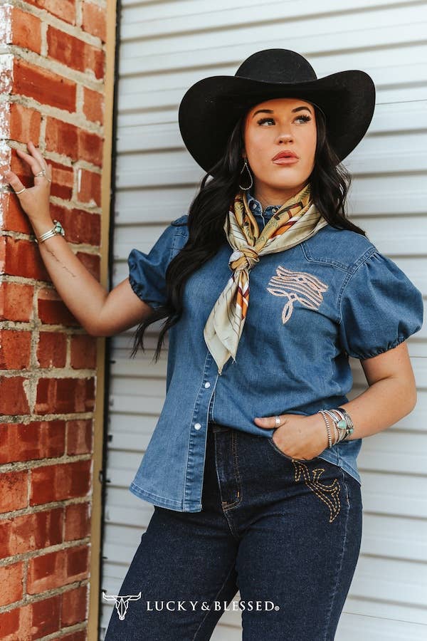 Mid Wash Puff Short Sleeve Western Embroidered Top