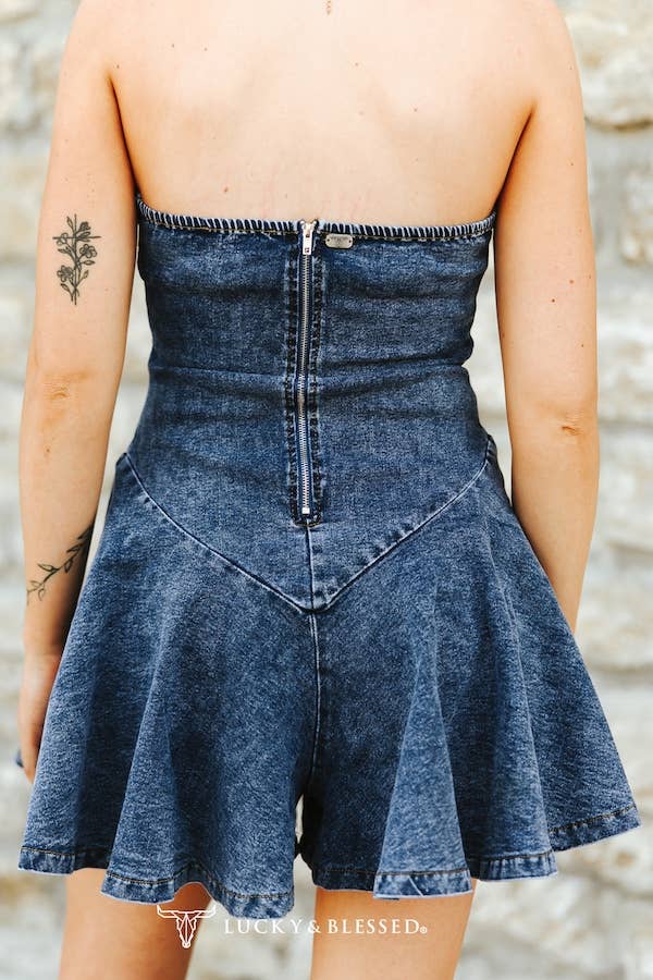 Dark Wash Fluttered Ruffle Strapless Romper