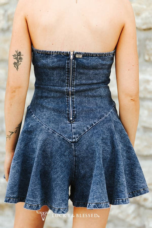 Dark Wash Fluttered Ruffle Strapless Romper