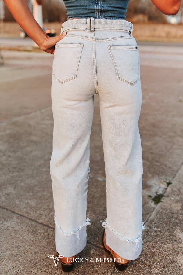 Light Wash High Rise Cuff Frayed Hem Trouser Jeans (28in)